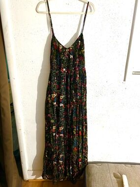 Anthropologie Black Floral Spaghetti-Strap Maxi Dress